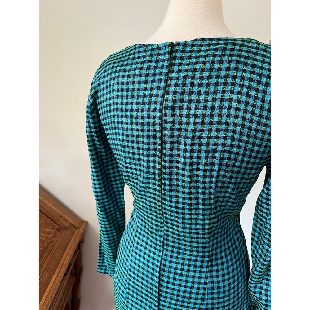 Vintage 90s Green Blue Gingham Mini Dress // Size Medium - Picture 2 of 5
